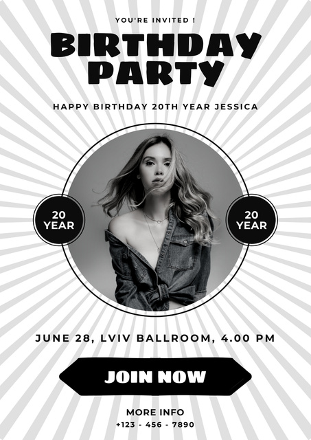 Black and White Birthday Party Announcement Poster tervezősablon