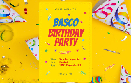 Szablon projektu Birthday Party With Confetti and Ribbons Invitation 4.6x7.2in Horizontal