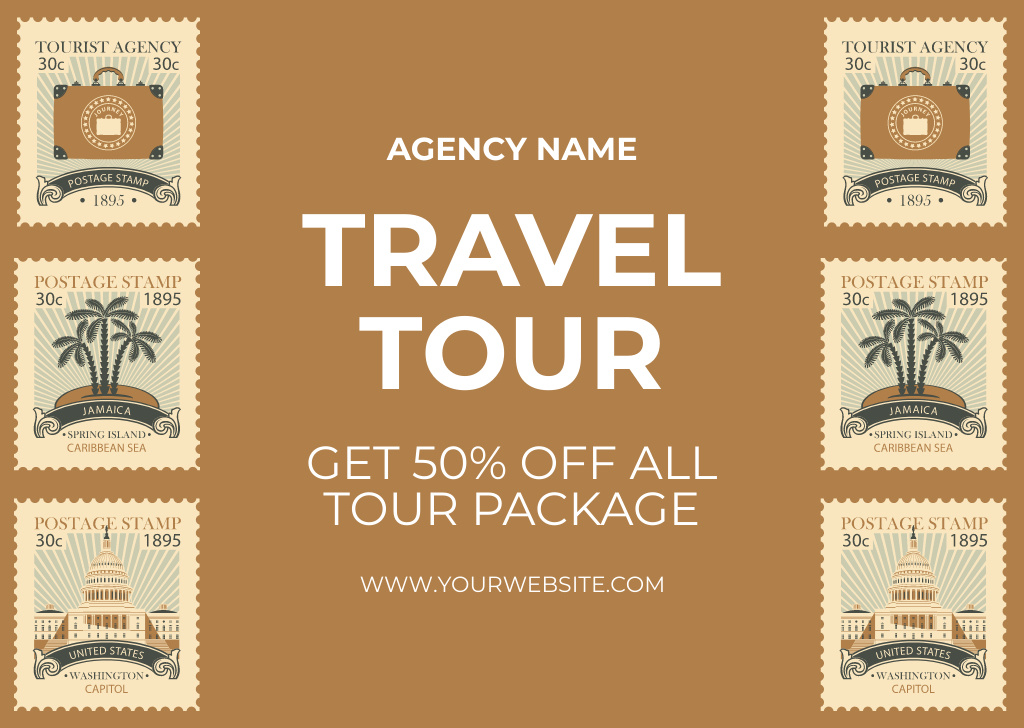 Travel Tour Offer with Vintage Postal Stamps on Brown Card Design Template