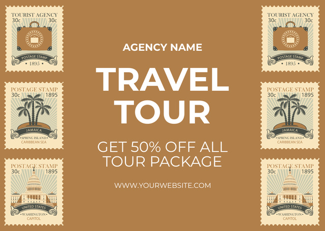 Travel Tour Offer with Vintage Postal Stamps on Brown Card – шаблон для дизайна