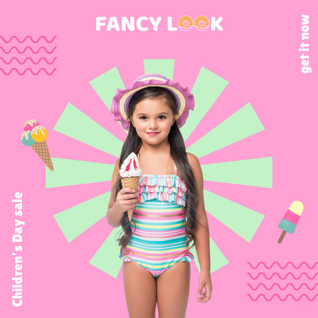 Cute Little Girl with Ice Cream on Children's Day Animated Post Design Template