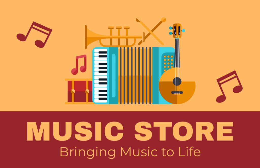 Music Store Offer with Various Musical Instruments Business Card 85x55mm – шаблон для дизайну