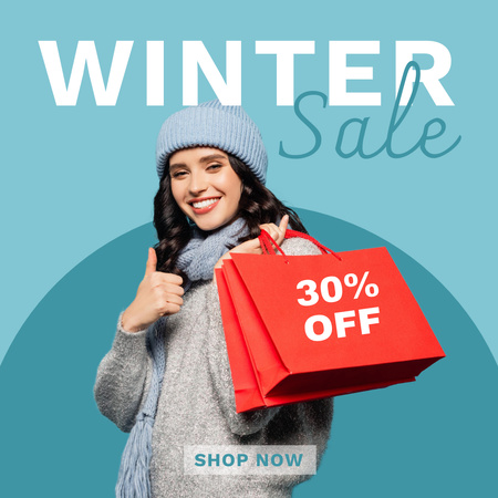 Winter Sale Ad with Young Woman Holding Shopping Bags Instagram Design Template