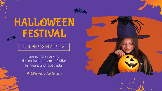 Halloween Festival Announcement With Girl In Witch Costume Full HD video Design Template