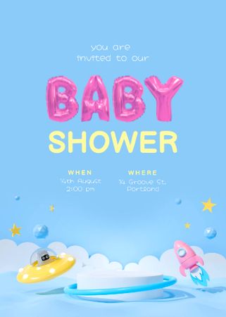 Ontwerpsjabloon van Invitation van Baby Shower Announcement with Cartoon Spaceship and Rocket
