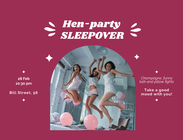 Sleepover Hen-Party Magenta Invitation 13.9x10.7cm Horizontal Šablona návrhu