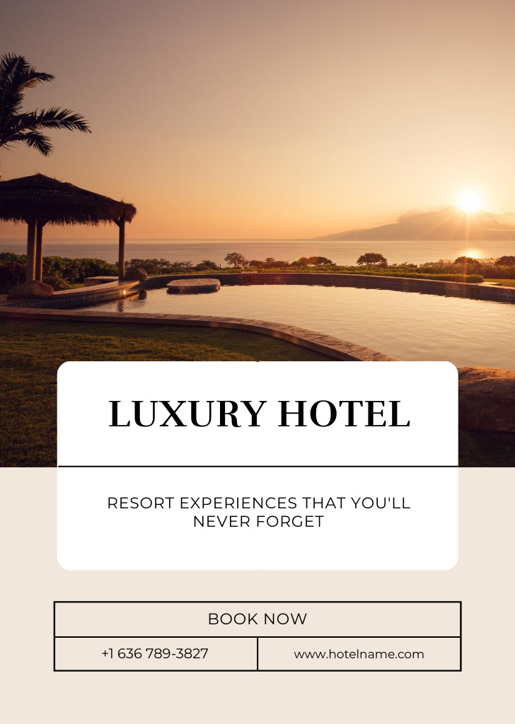 Luxury Hotel with Beautiful Sunset on Beach Postcard A6 Vertical – шаблон для дизайна