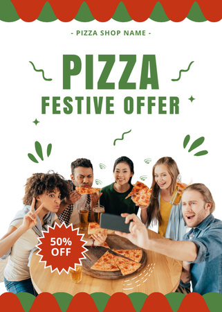 Designvorlage Glückliche Freunde und Pizza mit Rabatt in der Pizzeria für Flayer