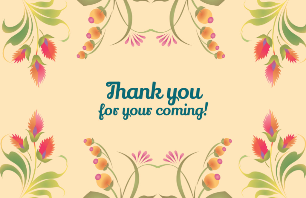 Thank You for Your Coming Message with Folk Floral Ornament Thank You Card 5.5x8.5in – шаблон для дизайну