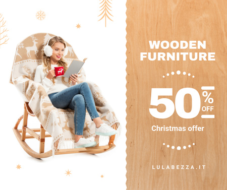 oferta de mobiliário girl in christmas sweater reading Facebook Modelo de Design