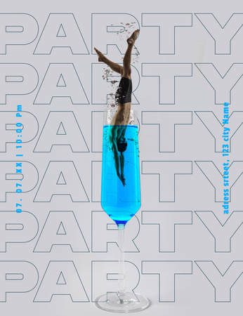 Plantilla de diseño de anuncio de la fiesta con el hombre sumergiéndose en el cóctel Invitation 13.9x10.7cm 