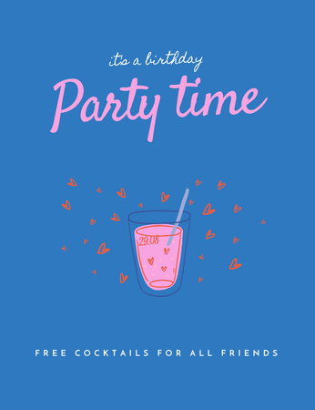 Birthday Party Announcement with Cute Cocktail Illustration Invitation 13.9x10.7cm Πρότυπο σχεδίασης