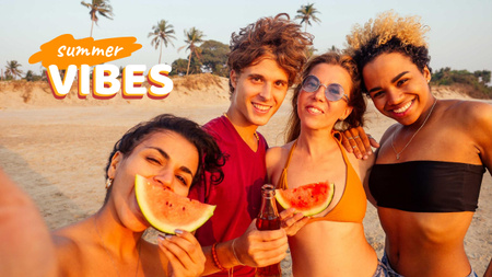 Friends eating Watermelon on Beach Youtube Thumbnail Design Template