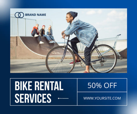Plantilla de diseño de Oferta Alquiler de Bicicletas Urbanas en Azul Facebook 