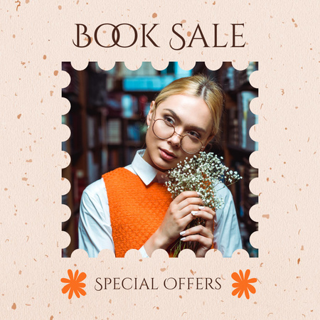 Book Sale Offer with Student Carrying Flowers Instagram Design Template