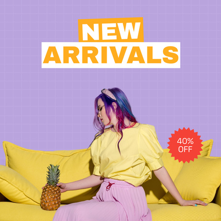 Ontwerpsjabloon van Instagram van nieuwe collectie met stijlvol meisje met ananas