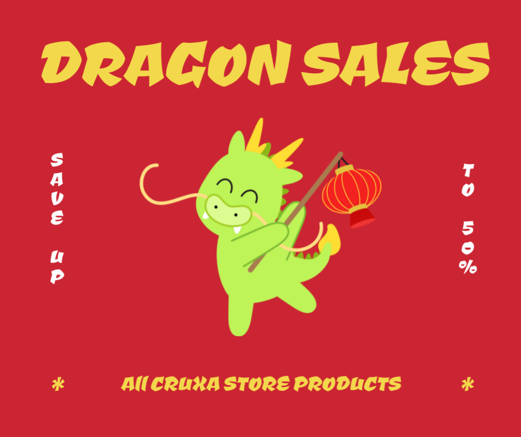 Chinese New Year Sale Announcement with Cute Dragon with Lantern Facebookデザインテンプレート