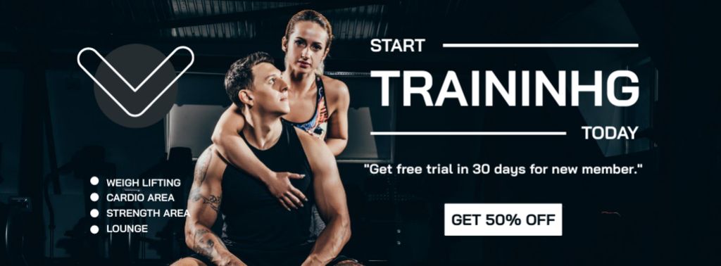 Plantilla de diseño de Gym Discount Offer with Sporty Man and Woman Facebook cover 