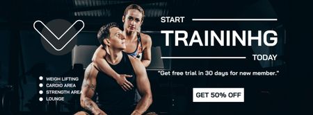 Gym Discount Offer with Sporty Man and Woman Facebook cover – шаблон для дизайну