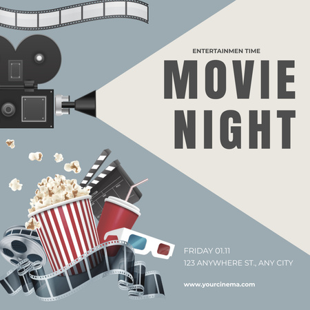 Movie Night Announcement with Projector and Popcorn Instagram Tasarım Şablonu