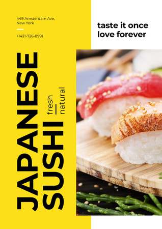 Designvorlage Japanese Seafood Sushi on Wooden Plate für Poster A3