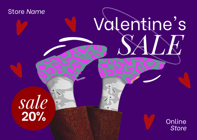 Valentine's Day Shoe Sale Announcement with Cute Sneakers Card Tasarım Şablonu