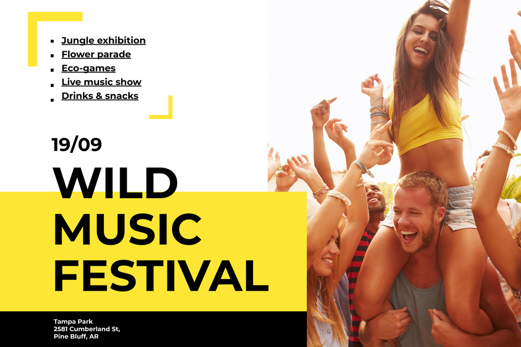 Wild Music Festival Event Announcement with People Enjoying Concert Poster 24x36in Horizontal Design Template