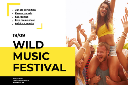Wild Music Festival Announcement with People Enjoying Concert Poster 24x36in Horizontal Design Template