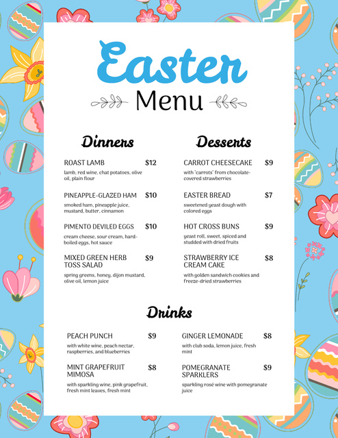 Designvorlage Easter Food List on Blue für Menu 8.5x11in