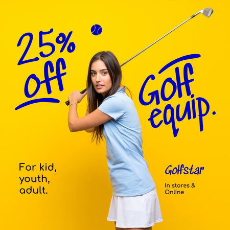 Designvorlage Verkaufsangebot für Golfausrüstung mit sportlicher Frau für Instagram