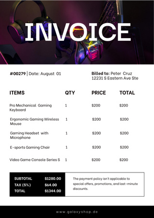 Gaming Equipment Shopping List Invoice Design Template