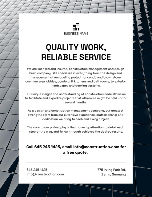 Reliable Construction Services Letterhead 8.5x11in – шаблон для дизайна