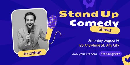 Standup Show Announcement with Black and White Photo of Actor Twitter Design Template