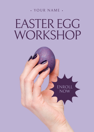 Easter Egg Workshop Ad with Purple Egg in Female Hand Flayer Design Template