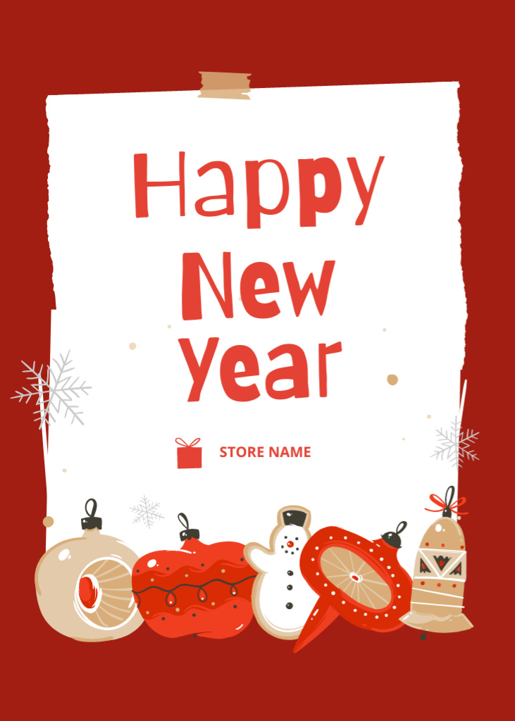 Template di design New Year Holiday Greeting with Cute Decorations and Snowman Postcard 5x7in Vertical