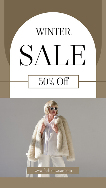 Winter Sale Announcement with Stylish Blonde in Fur Coat Instagram Storyデザインテンプレート