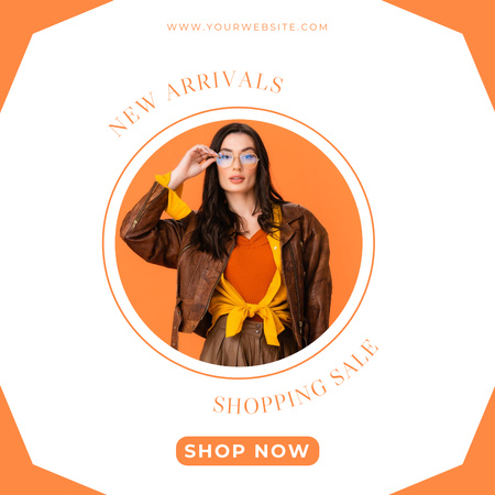 Clothing Shopping Sale Ad with Stylish Lady in Brown Jacket Instagram Tasarım Şablonu