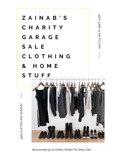 Charity Sale with Fashionable Black Clothes on Hangers Flyer 8.5x11in Design Template