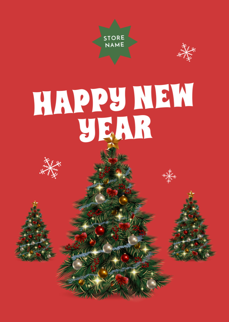 Designvorlage Happy New Year with Decorated Tree in Red für Postcard 5x7in Vertical