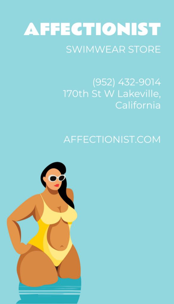 Swimwear Shop Advertisement with Attractive Woman on Blue Business Card US Vertical Design Template