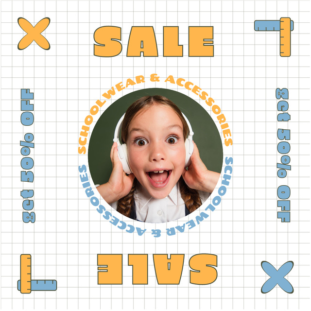 Szablon projektu School Sale with Little Schoolgirl in Headphones Instagram