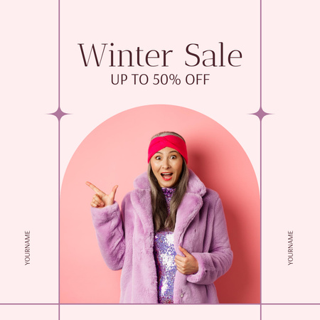 Designvorlage Ankündigung des Winterschlussverkaufs mit Frau im lila Pelzmantel für Instagram AD