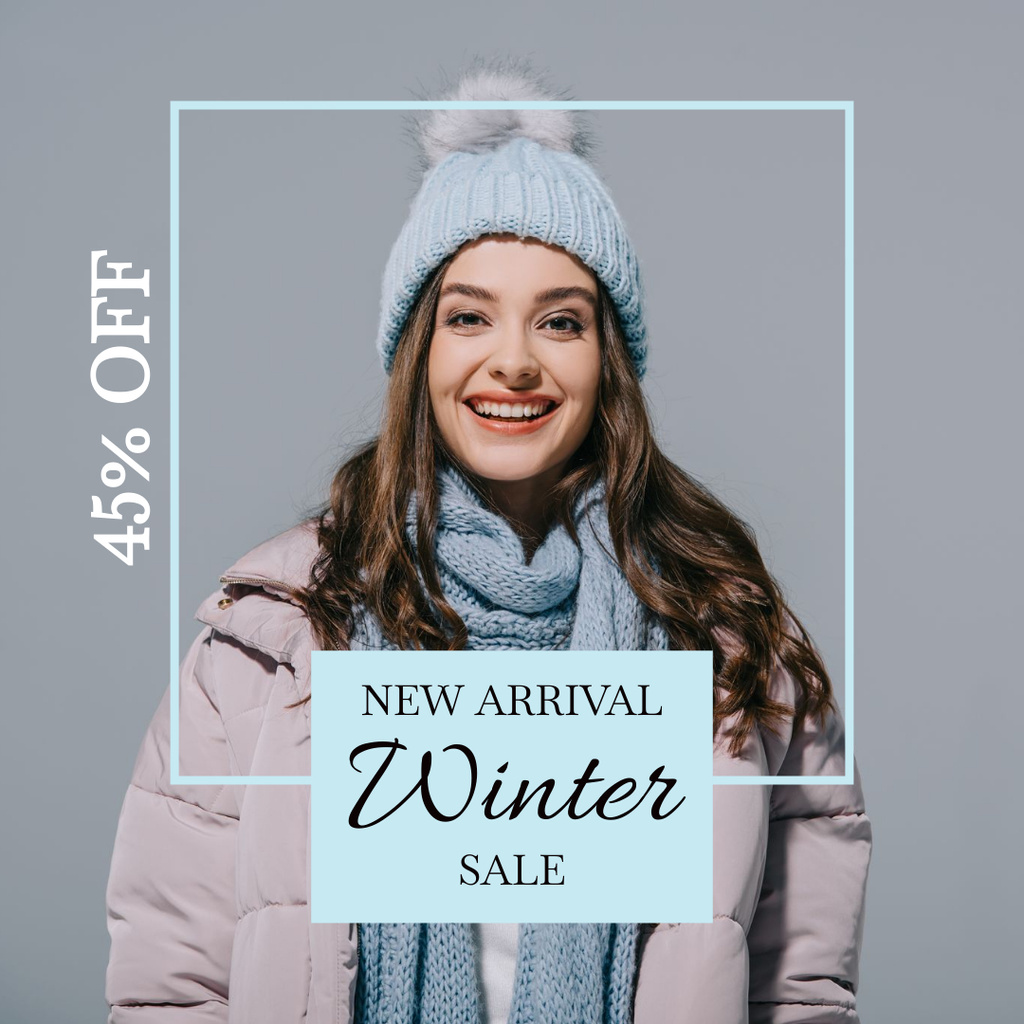 Ontwerpsjabloon van Instagram van Winter Sale Announcement with Young Smiling Woman
