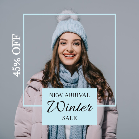 Winter Sale Announcement with Young Smiling Woman Instagram Design Template