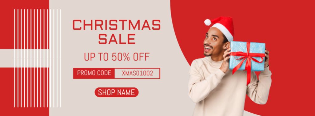 Mixed Race Man with Surprise Gift Box on Christmas Offer Facebook cover Design Template