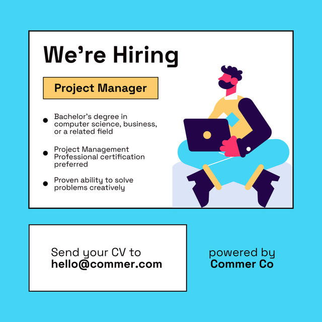 Project Manager Job Ad with Cartoon Man with Computer Instagramデザインテンプレート