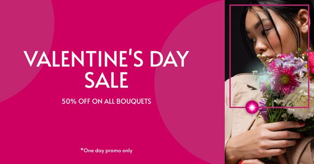 Valentine's Day Sale with Asian Woman with Bouquet Facebook AD Tasarım Şablonu