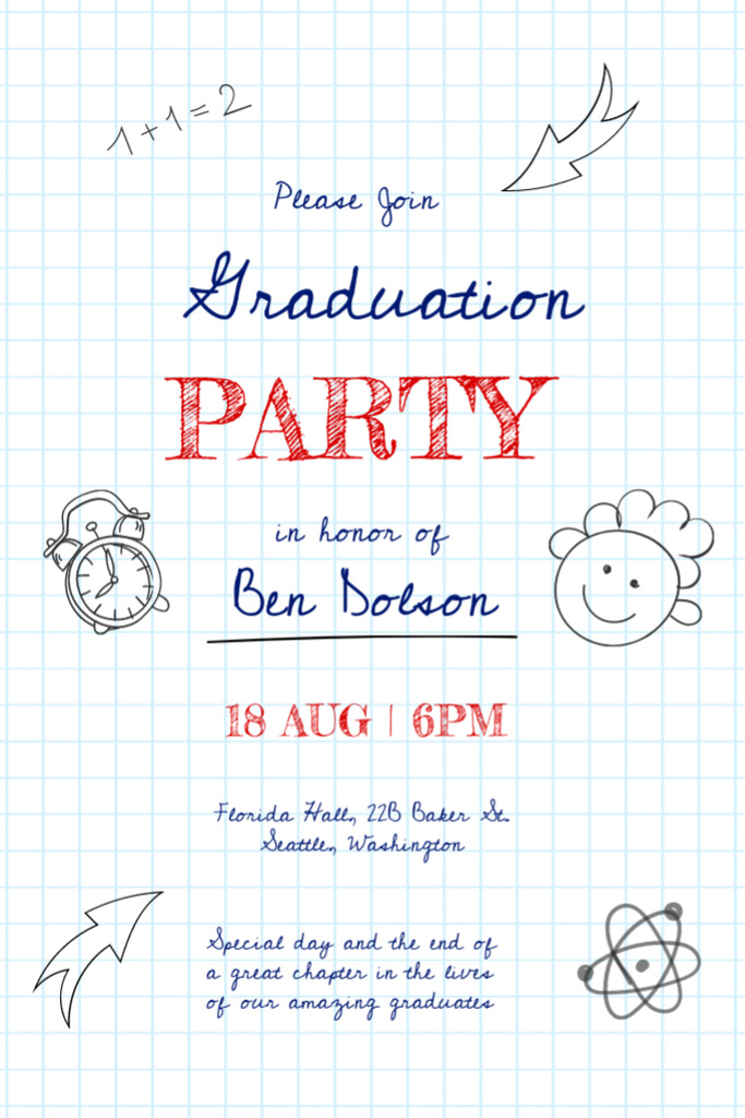 Graduation Party Announcement with Cute Illustrations Invitation 6x9in Design Template