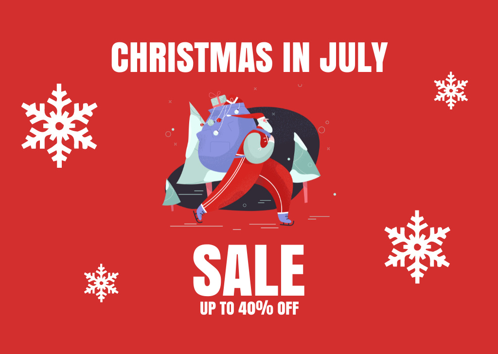 Ontwerpsjabloon van Flyer A6 Horizontal van Christmas Sale in July with Merry Santa Claus and Snowflakes in Red