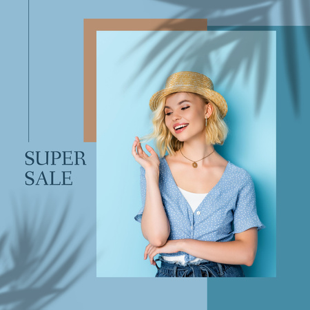 Super Sale Promotion with Beautiful Blonde Woman in Straw Hat Instagram Design Template